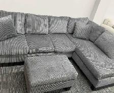 Gray Corduroy Sectional Sofa with Chaise & Ottoman