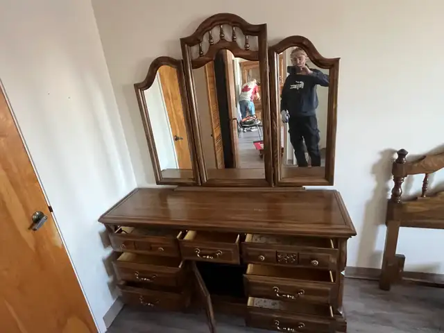 Free delivery used Solid Wood Dresser with Triple Mirror - Photo 8