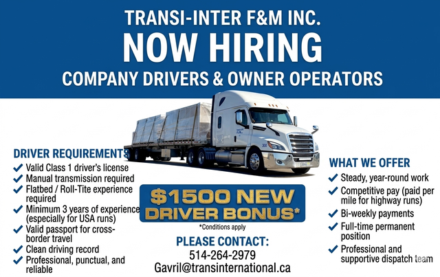 BONUS$ City Drivers and Owner Operators &USA CAD truck driver
