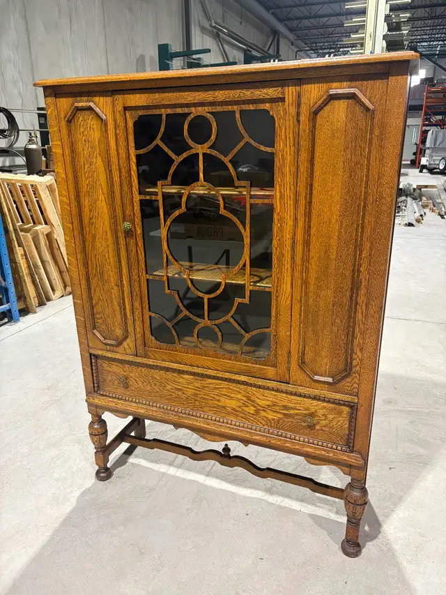 Stunning Antique Oak Wood China Cabinet (Jacobean Revival Style)