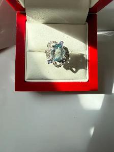 Women's 14K White Gold Vintage Style Aquamarine Ring w Diamonds