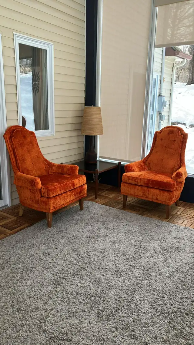 Mid century. TEAK TECK Table d'appoint / Fauteuils chaises orang - Photo 10