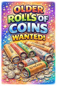 Wanted old rolls of coins— buying all this weekend