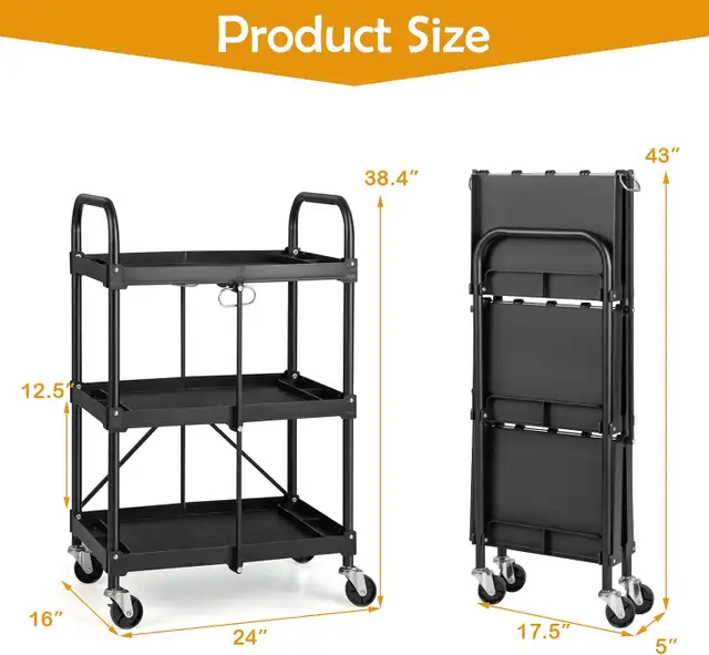 Nightcore Folding Utility Cart, 3-Tier