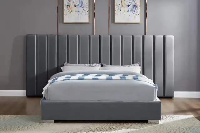 Platform  Bed With Paneled headboard In Grey Velvet. - Photo 3