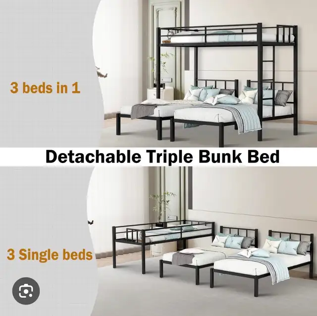 Modern Black Metal Bunk Bed with 3 Mattresses (Great Condition) - Photo 2