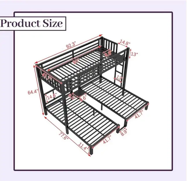 Modern Black Metal Bunk Bed with 3 Mattresses (Great Condition) - Photo 3