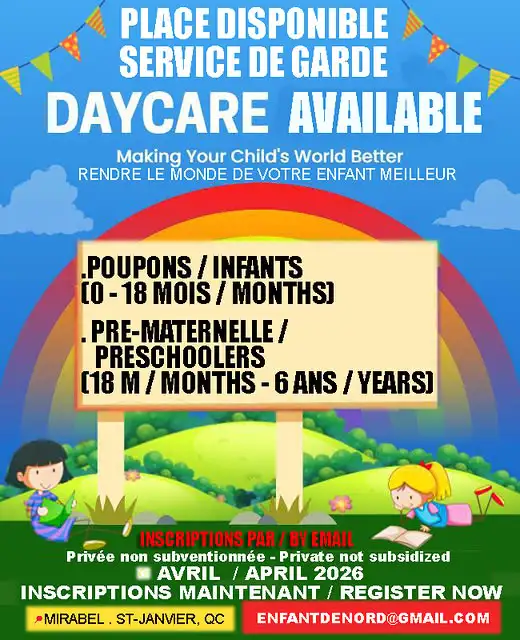Place disponible service de garde poup enfa MIRABEL ST JANVIER
