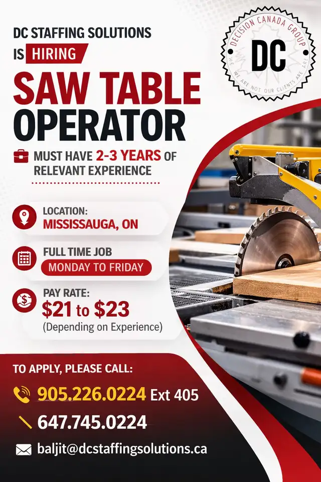 Saw Operator- Mississauga, ON
