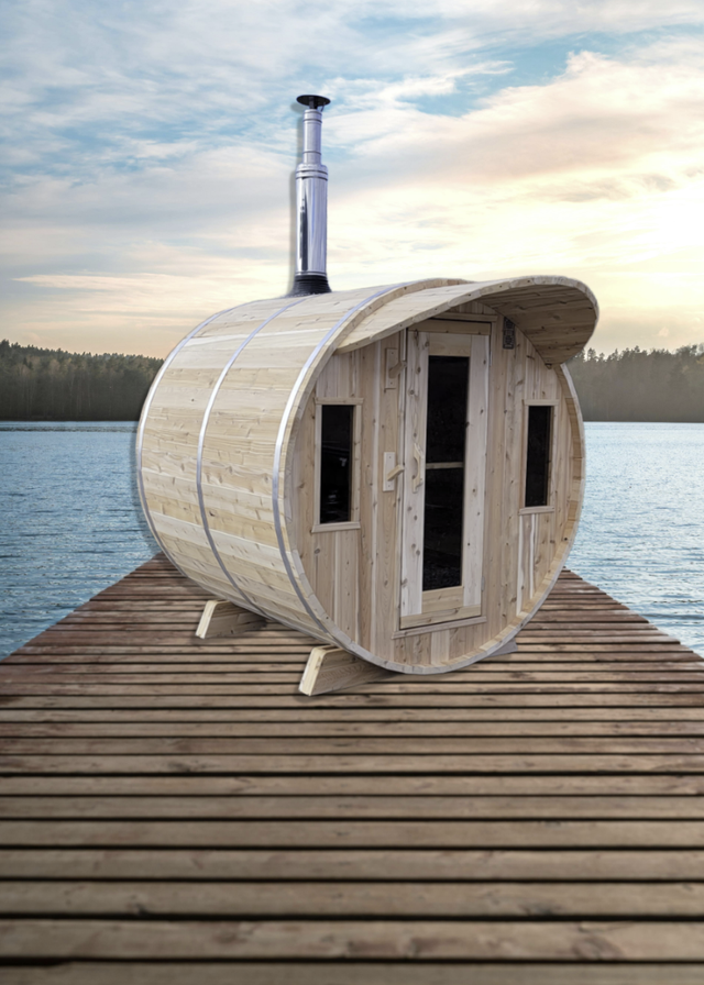 DEMO SALE! 7x6 Cedar Barrel Sauna - WOOD FIRED.