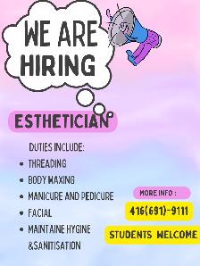 Urgent hiring Esthetician