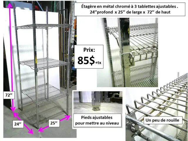 Étagère grillagé en métal 3tablettes ajustables et autre