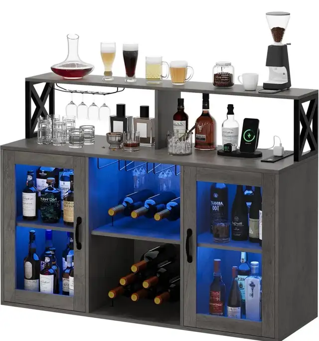 Modern Bar Cabinet with LED Lights & Charging Station