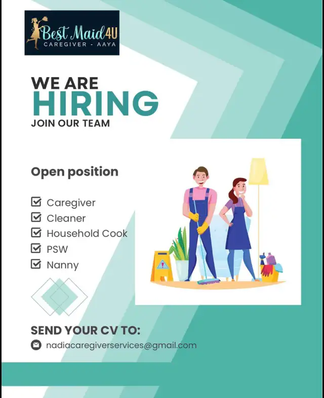 Hiring for Cook, Cleaner, Nanny, Caregiver