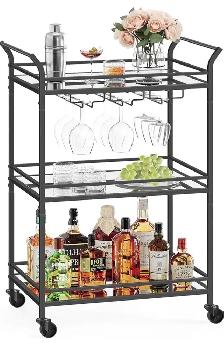 Mirrored Glass Bar Cart with Wine Glass Racks