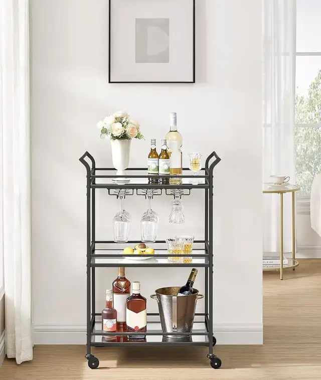 Mirrored Glass Bar Cart with Wine Glass Racks - Photo 2