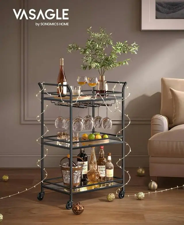 Mirrored Glass Bar Cart with Wine Glass Racks - Photo 4