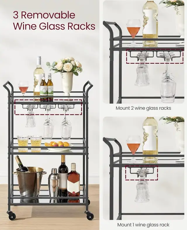 Mirrored Glass Bar Cart with Wine Glass Racks - Photo 6
