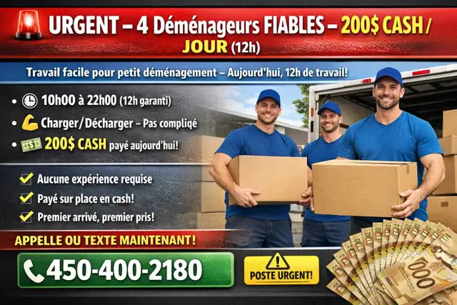 Gagne 200$ CASH DEMAIN – 4 Déménageurs (12h, facile)