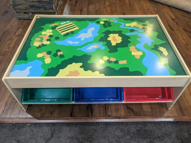 Wooden train set and table with 6 plastic storage bins - Photo 2