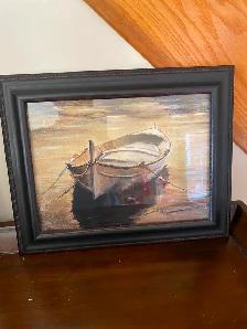pair of Framed Wooden Rawing Boat art print
