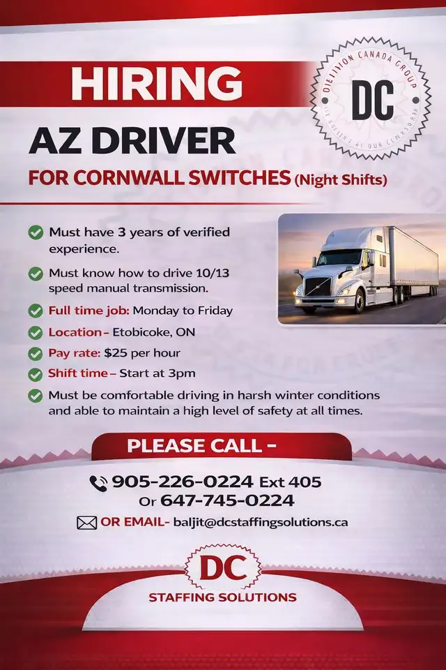 Hiring AZ Driver for Cornwall Switches(Night Shifts)