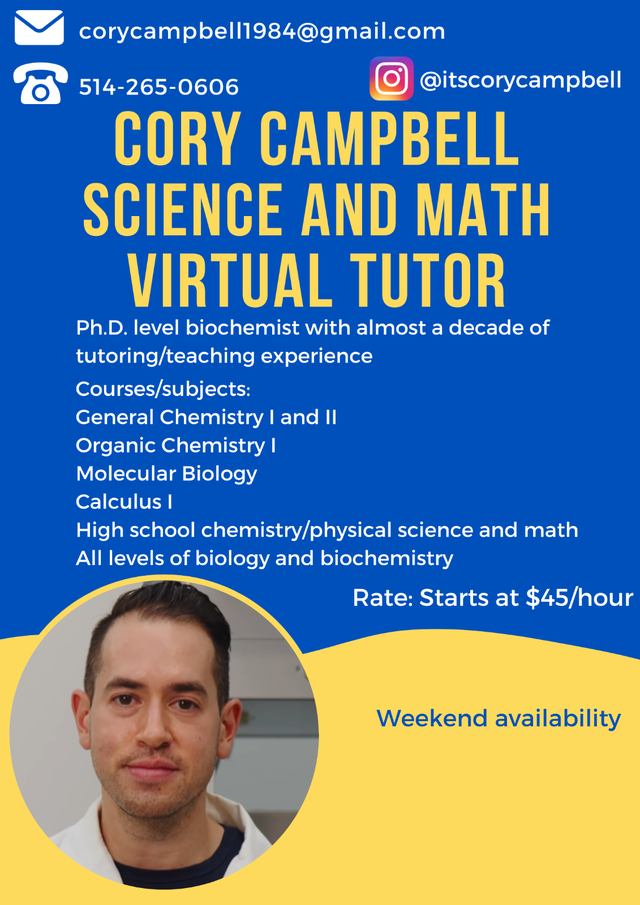 PhD level science tutor for chemistry, biology, biochem - $45/hr