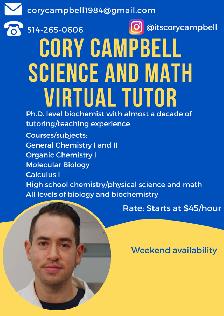 PhD level science tutor for chemistry, biology, biochem - $45/hr