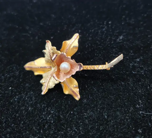 18k Tri-Colour Gold 5.1gr Brooch with White Pearl