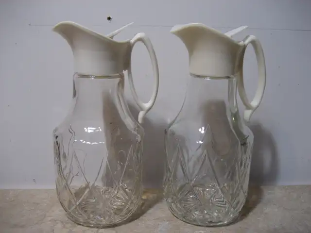 2 Vintage Log Cabin Cut Glass Syrup Pitchers / Dispensers