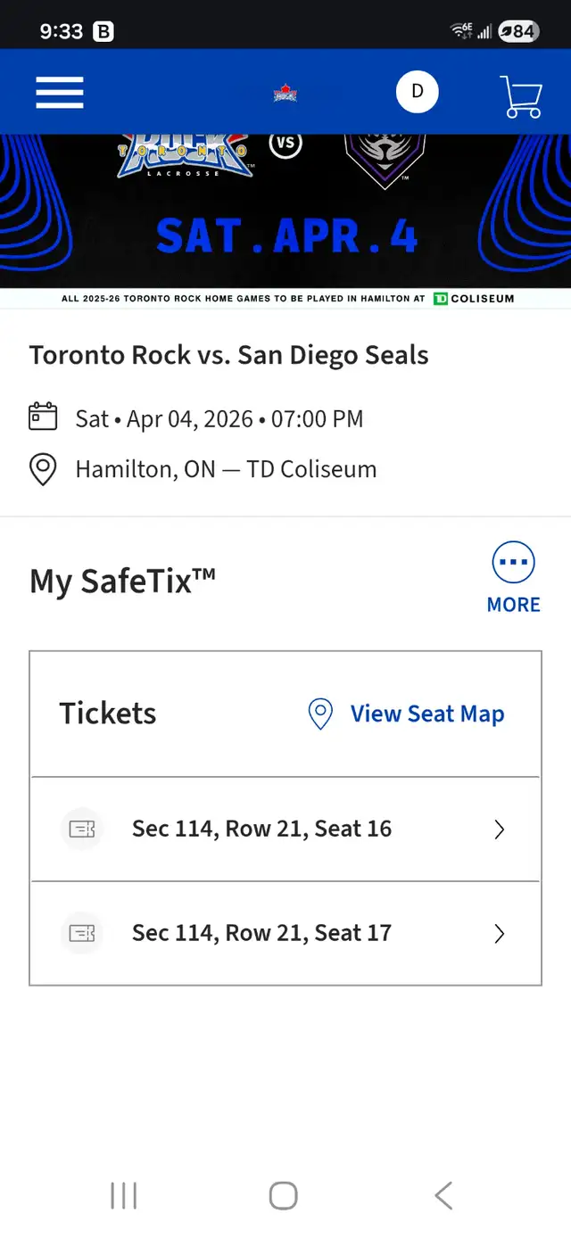 APRIL 4, 2026 Toronto Rock Ticket(s)