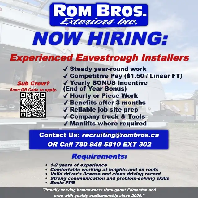 EDMONTON: Gutter & Eavestrough Installers Wanted (IN HOUSE)
