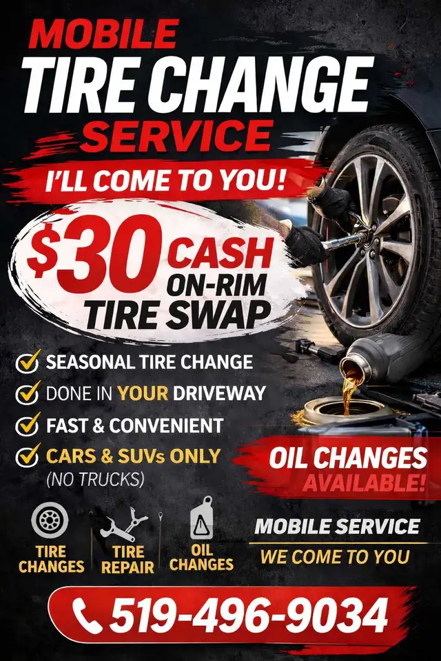 Mobile Tire Change & Oil Change – $30 Cash (On-Rim Tire Swap)
