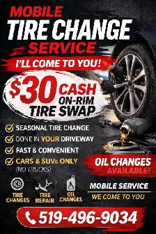 Mobile Tire Change & Oil Change – $30 Cash (On-Rim Tire Swap)