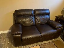 Dark brown leather recliner couch and love & chair seat. Used In - Photo 3