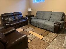 Dark brown leather recliner couch and love & chair seat. Used In - Photo 6