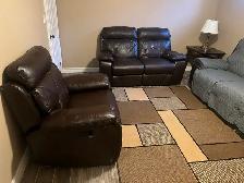 Dark brown leather recliner couch and love & chair seat. Used In - Photo 7