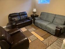 Dark brown leather recliner couch and love & chair seat. Used In - Photo 8