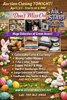 EDMONTON:  Timed Online Consignment Auction - April 3 @ 6 pm