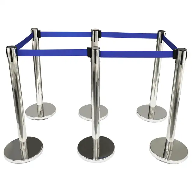6 Stanchion Silver Posts Queue Pole Retractable Belt 170519