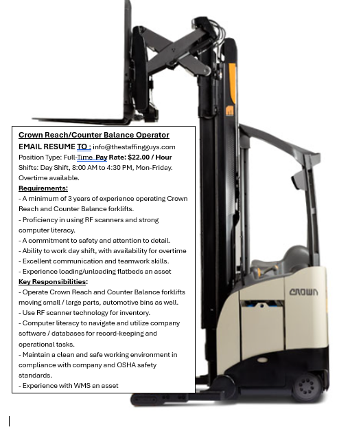 CROWN Reach Forklift Operator