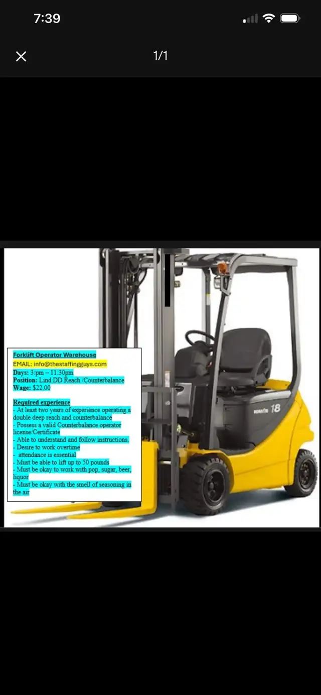 Reach Truck Operator $22.00 / hr