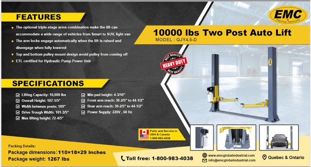 Two Post Car Lift 10,000 lb Capacity – Professional Grade - Photo 2