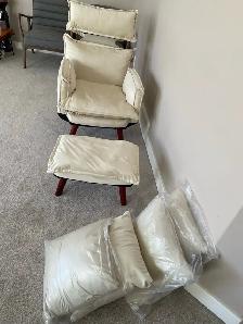 Cream fabric reclining arm chair $250.  Ottoman, 4 pillows - Photo 2