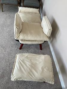 Cream fabric reclining arm chair $250.  Ottoman, 4 pillows - Photo 4