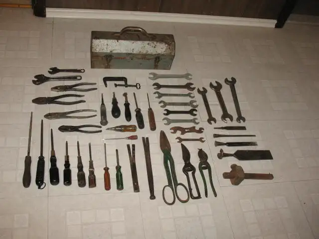 Vintage Metal Toolbox with 47 Vintage Hand Tools