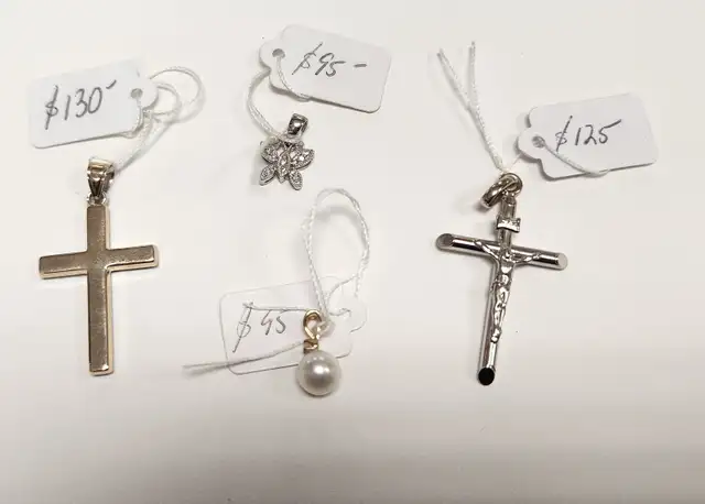 14k Gold Pendants: Cross, Diamonds, Pearls