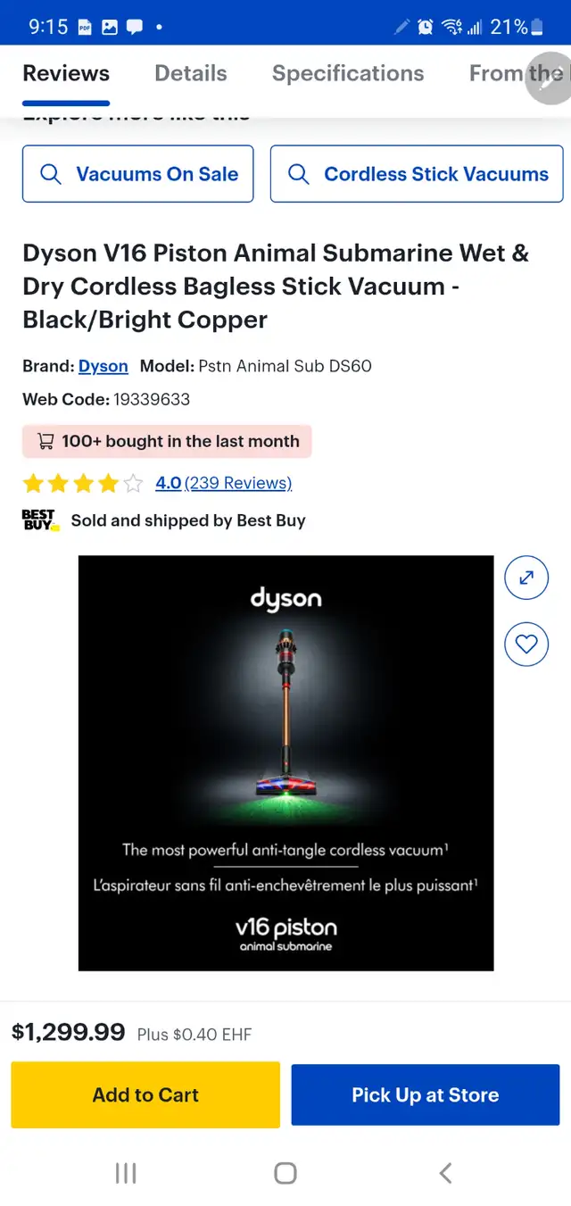 Dyson V16 Piston Animal Submarine Wet & Dry Cordless Bagless