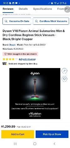 Dyson V16 Piston Animal Submarine Wet & Dry Cordless Bagless