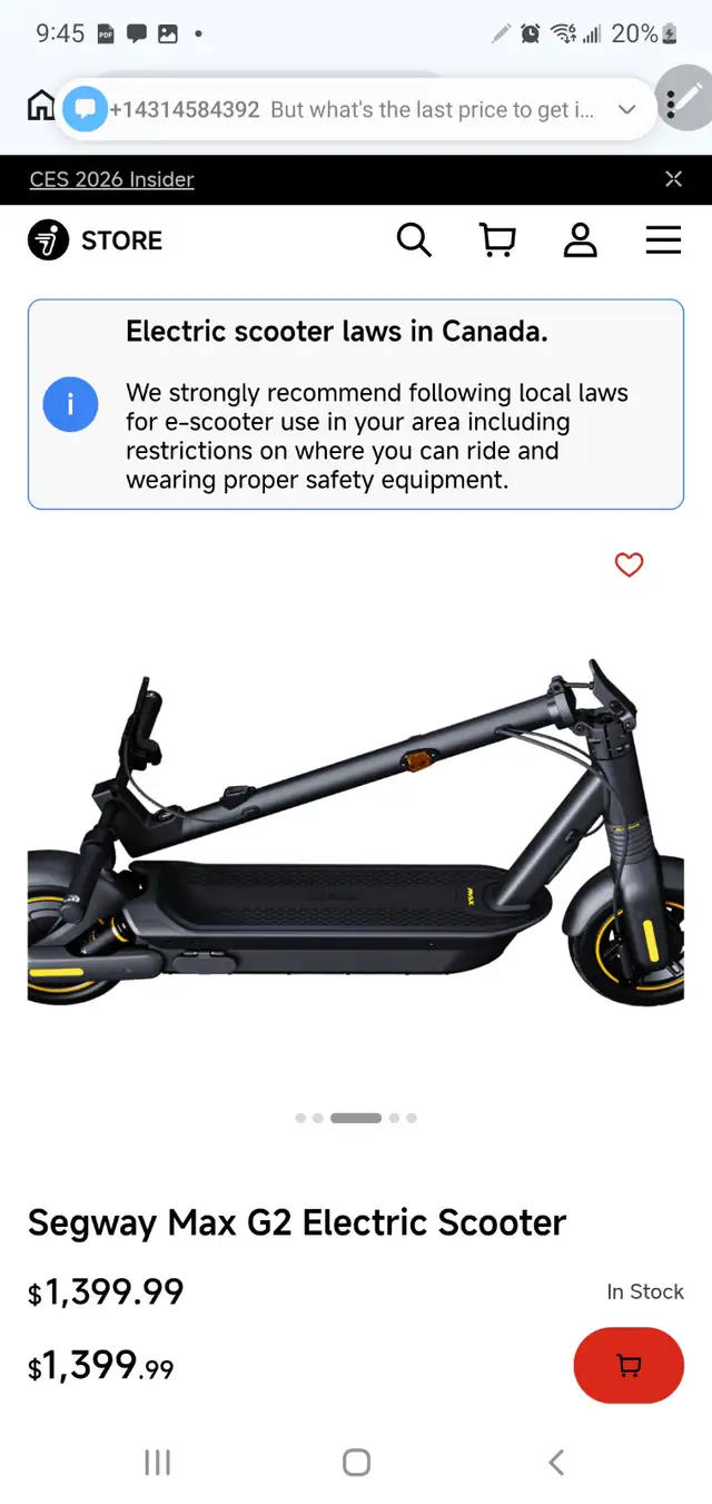 Segway Max G2 Electric Scooter $1399.00 for 1000.00